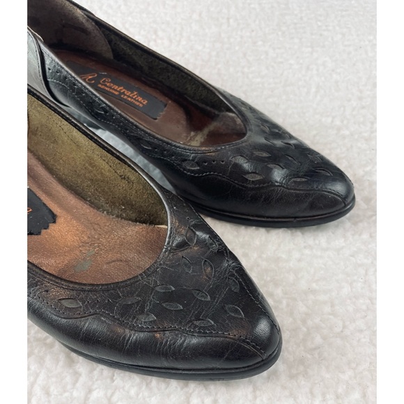 (VTG) CENTRALINA • Black Genuine Leather Pointed Toe Kitten Heels - Picture 8 of 16